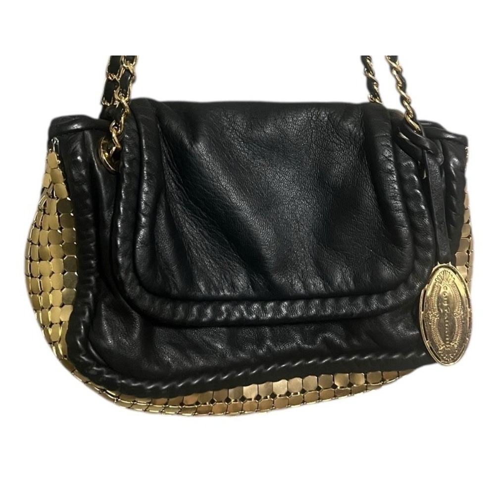 Elie Tahari Nina Mini Black Leather‎ Gold tile Chain Strap Shoulder Bag Rare!